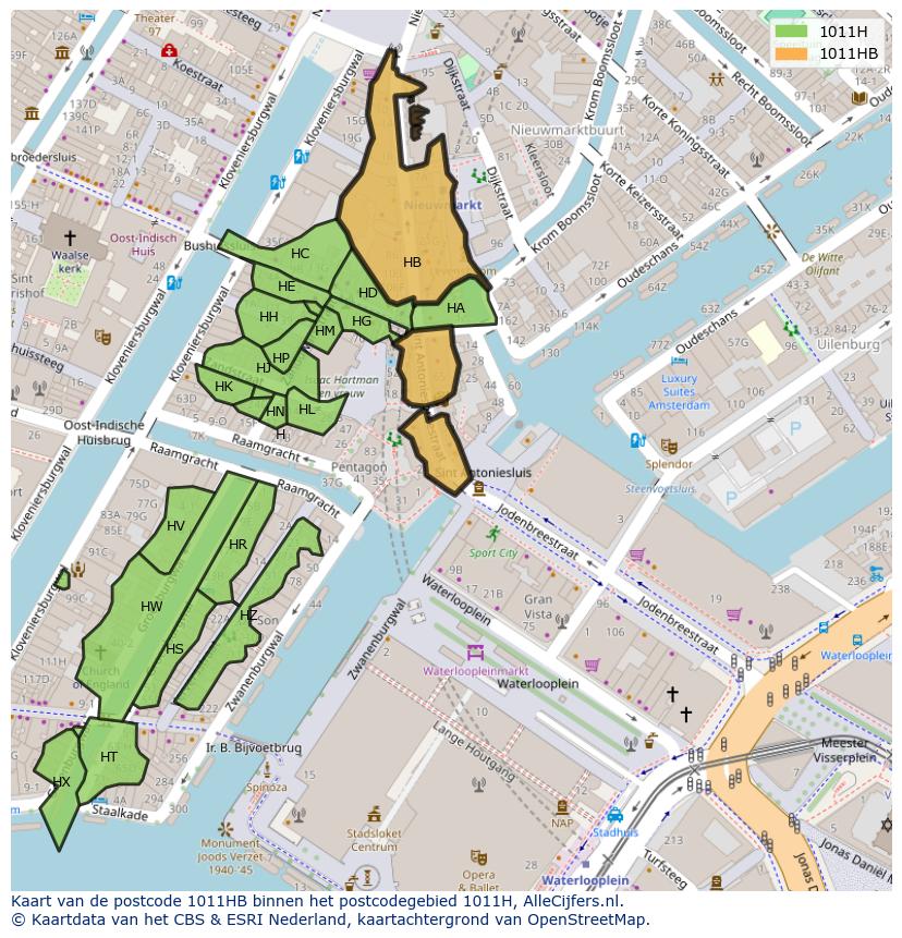 Afbeelding van het postcodegebied 1011 HB op de kaart.