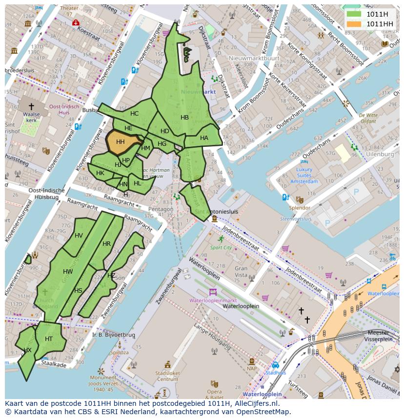 Afbeelding van het postcodegebied 1011 HH op de kaart.