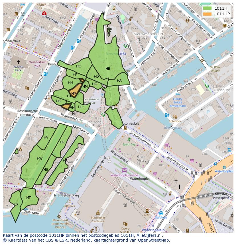 Afbeelding van het postcodegebied 1011 HP op de kaart.