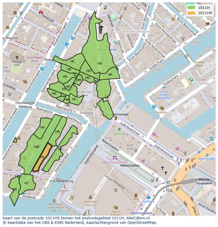 Afbeelding van het postcodegebied 1011 HS op de kaart.