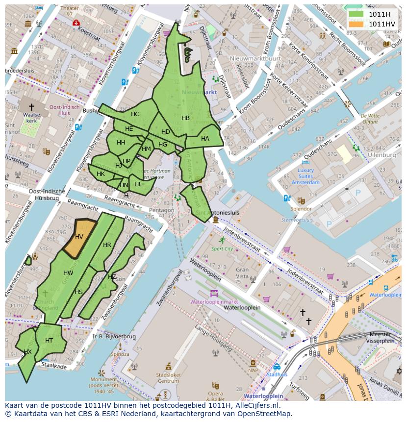 Afbeelding van het postcodegebied 1011 HV op de kaart.
