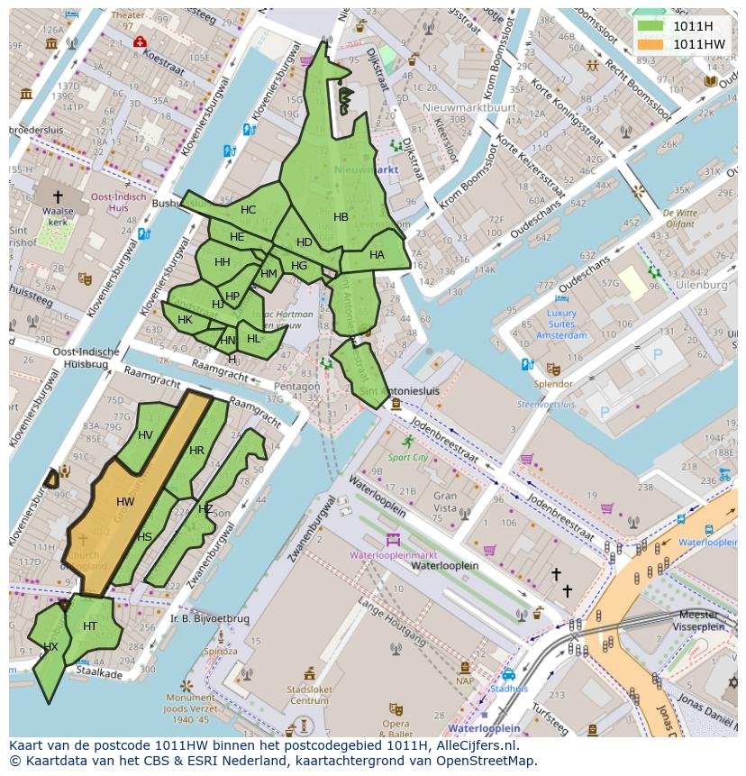 Afbeelding van het postcodegebied 1011 HW op de kaart.