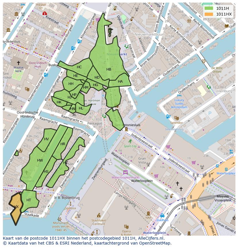 Afbeelding van het postcodegebied 1011 HX op de kaart.