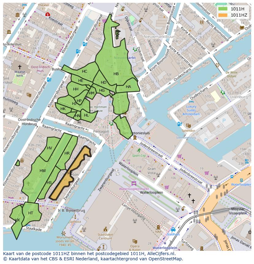 Afbeelding van het postcodegebied 1011 HZ op de kaart.