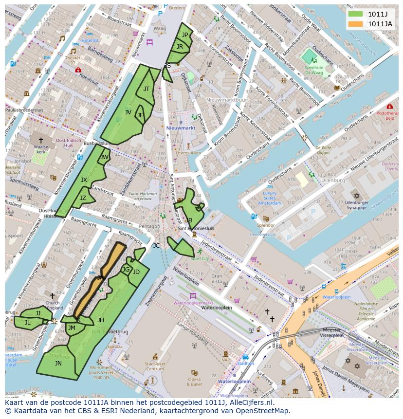 Afbeelding van het postcodegebied 1011 JA op de kaart.