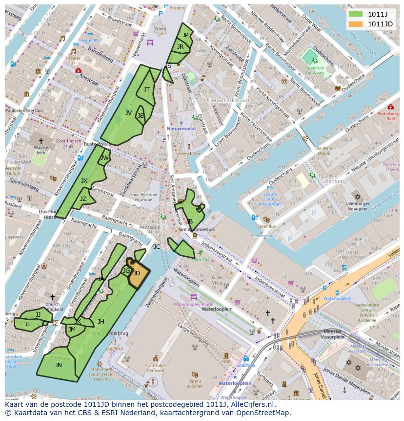 Afbeelding van het postcodegebied 1011 JD op de kaart.