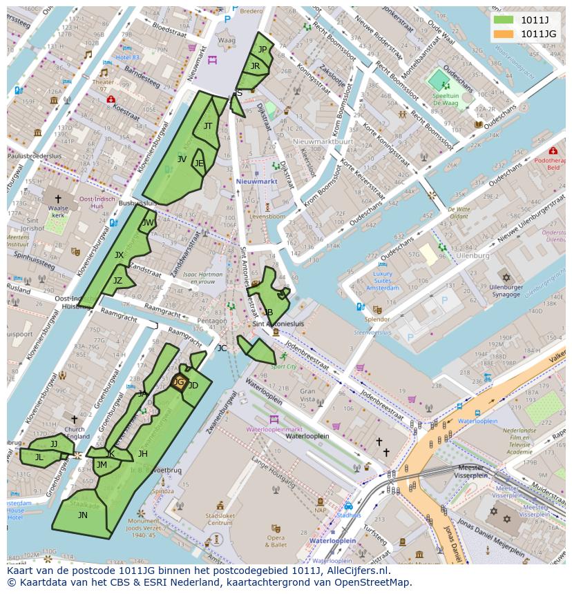 Afbeelding van het postcodegebied 1011 JG op de kaart.