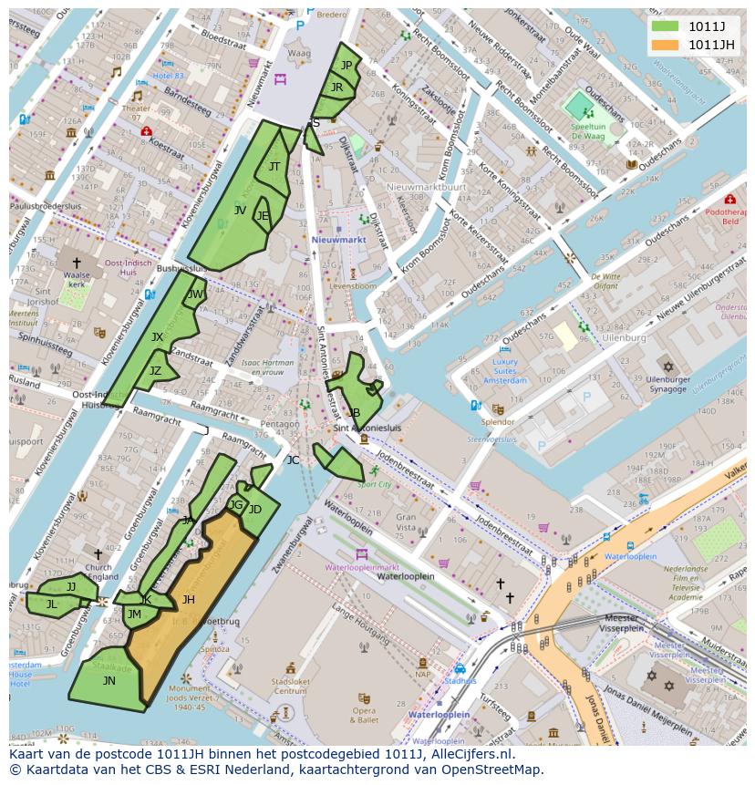 Afbeelding van het postcodegebied 1011 JH op de kaart.