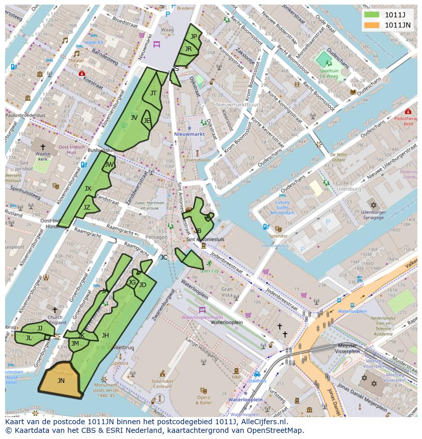 Afbeelding van het postcodegebied 1011 JN op de kaart.
