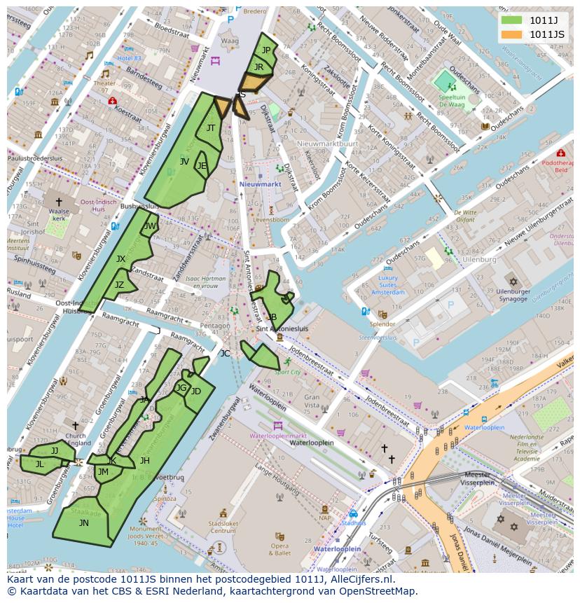 Afbeelding van het postcodegebied 1011 JS op de kaart.