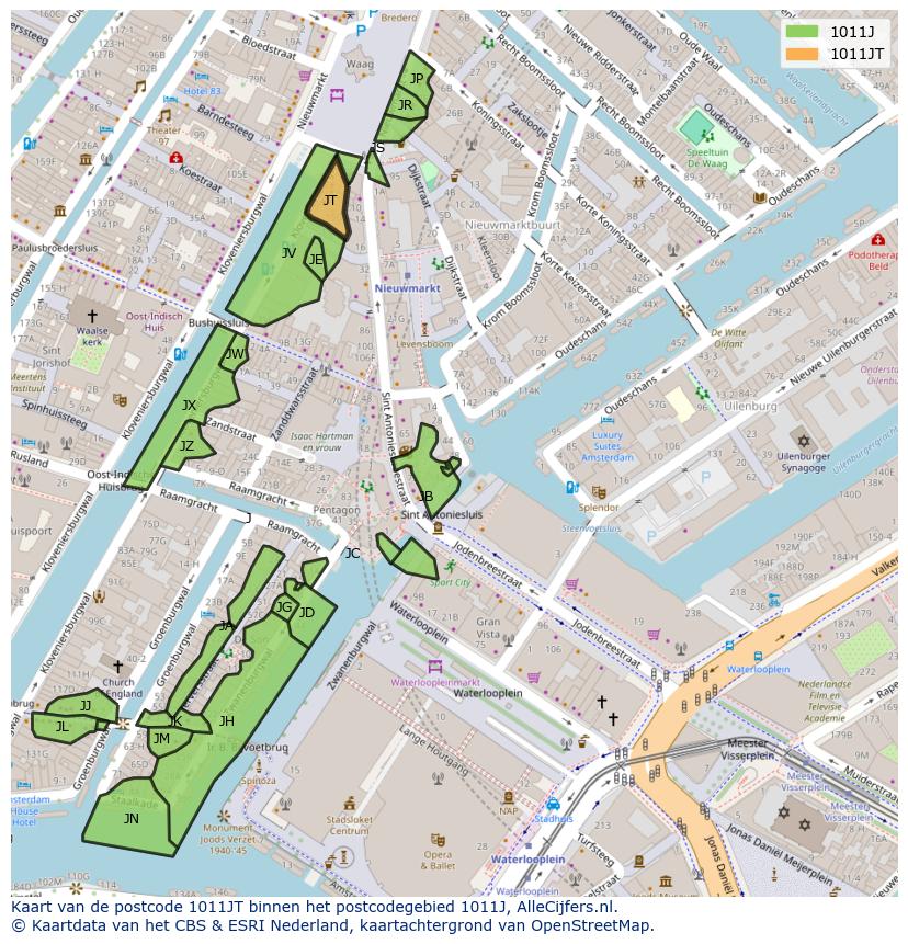 Afbeelding van het postcodegebied 1011 JT op de kaart.
