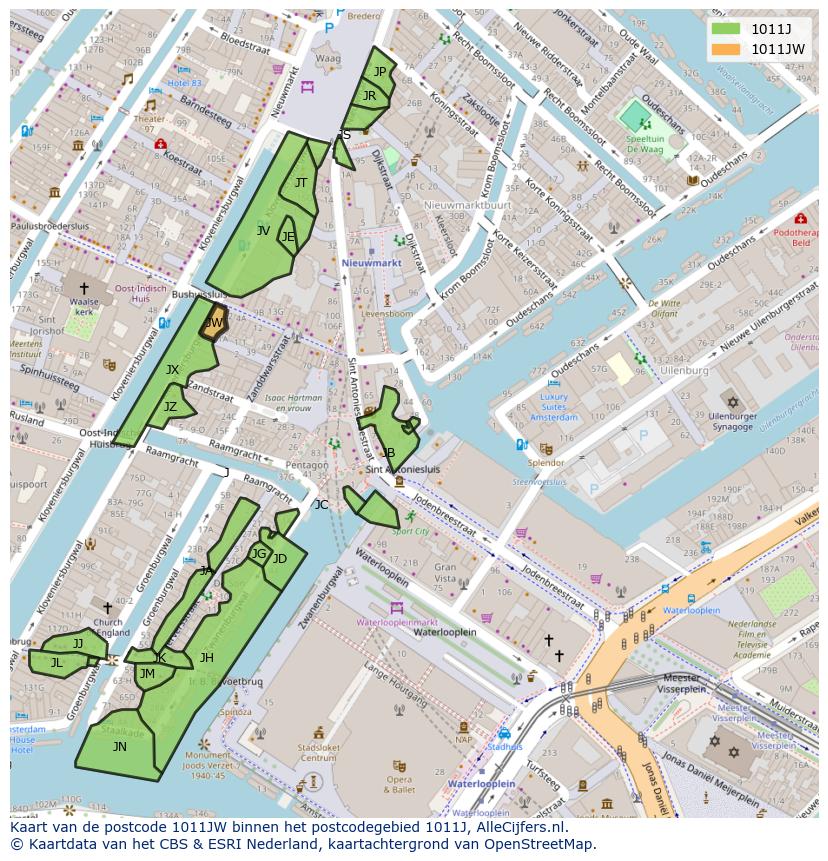 Afbeelding van het postcodegebied 1011 JW op de kaart.