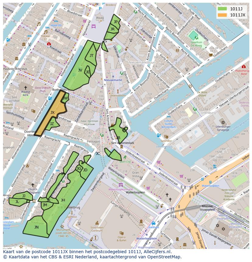 Afbeelding van het postcodegebied 1011 JX op de kaart.