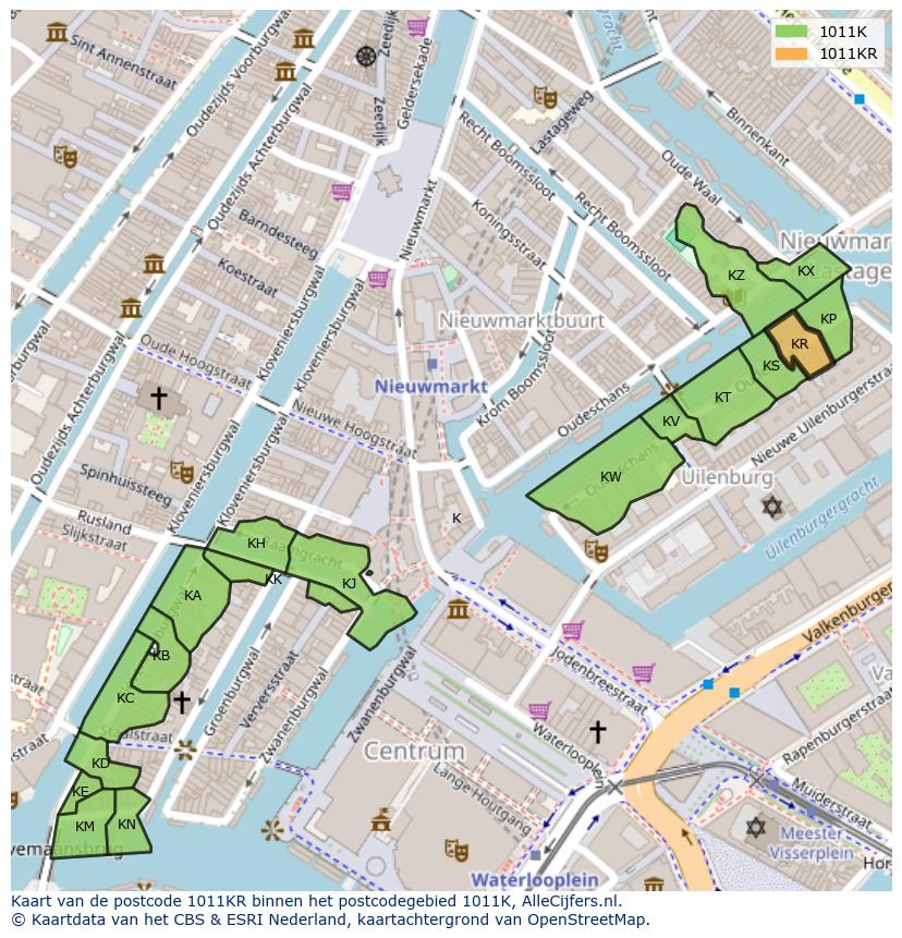 Afbeelding van het postcodegebied 1011 KR op de kaart.