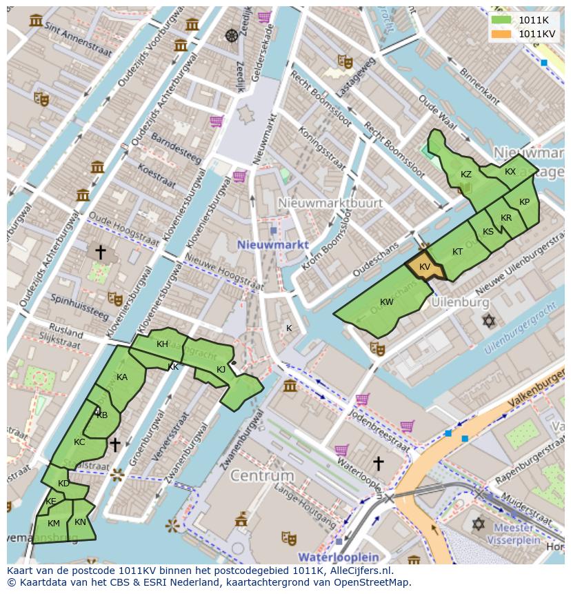 Afbeelding van het postcodegebied 1011 KV op de kaart.