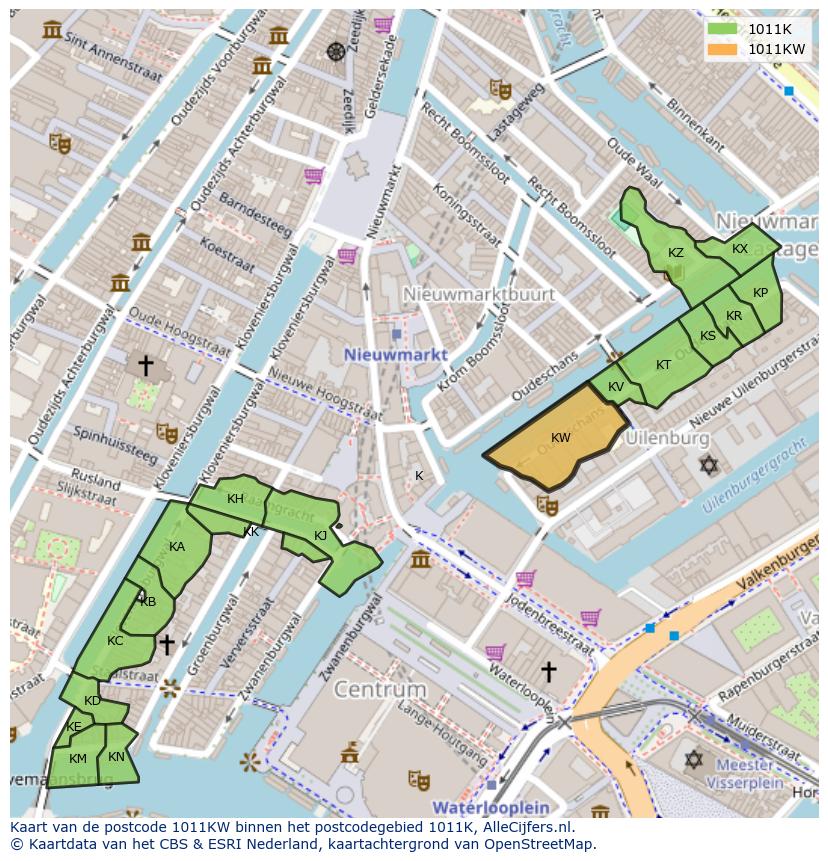 Afbeelding van het postcodegebied 1011 KW op de kaart.