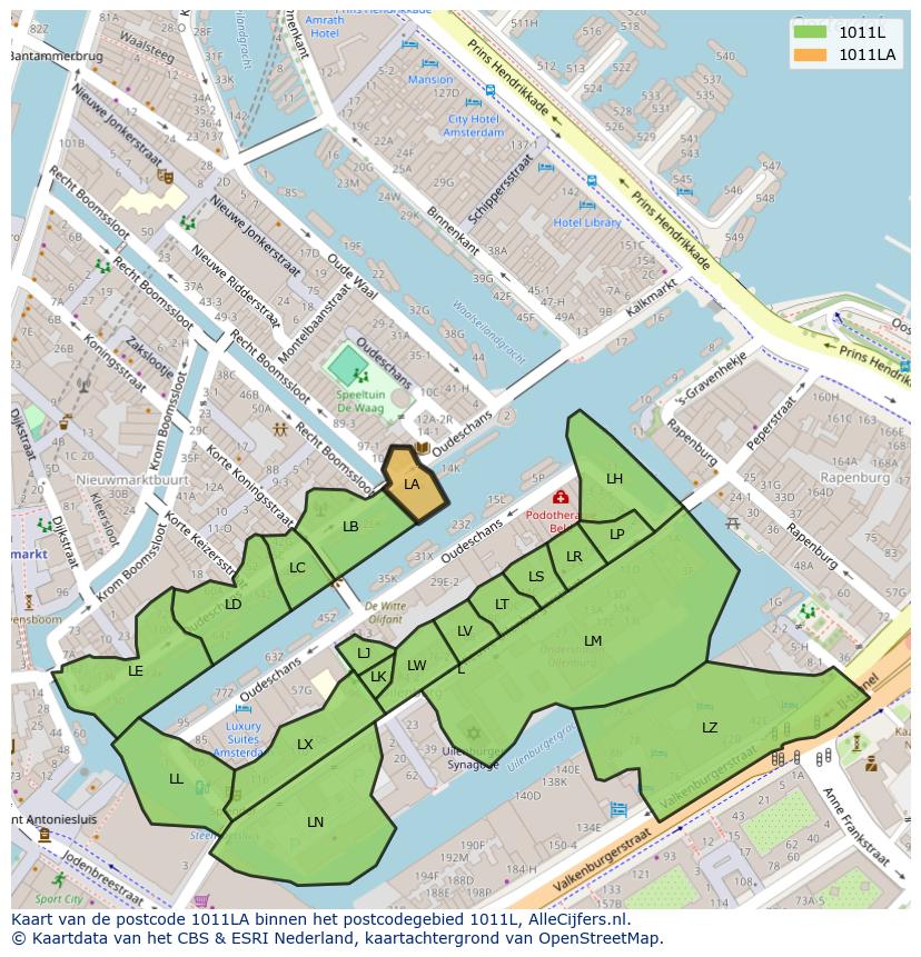 Afbeelding van het postcodegebied 1011 LA op de kaart.
