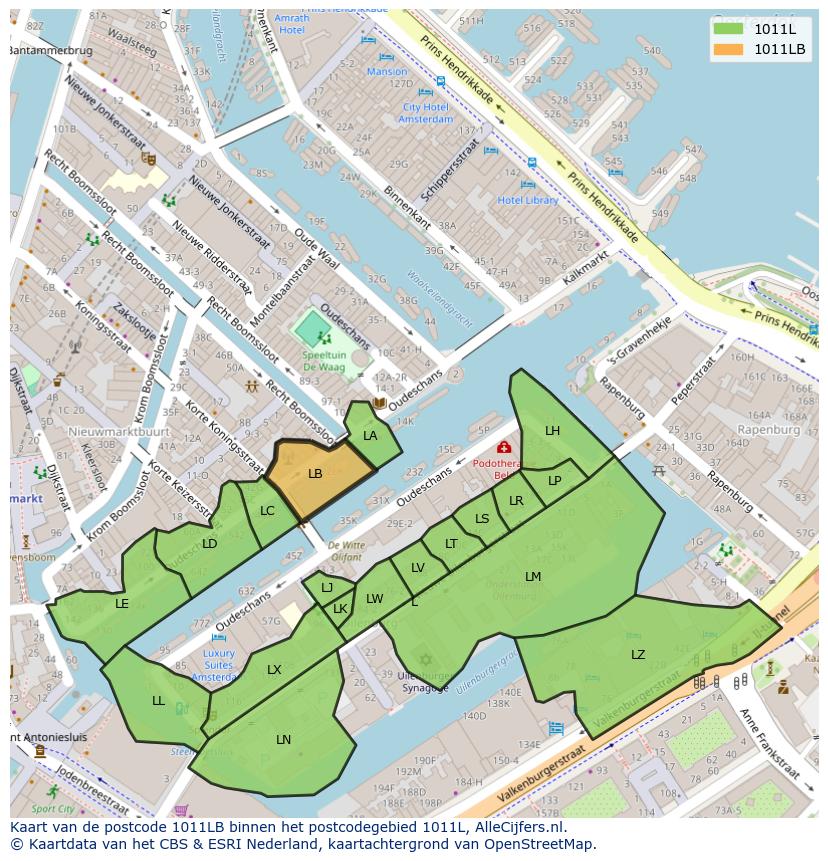 Afbeelding van het postcodegebied 1011 LB op de kaart.