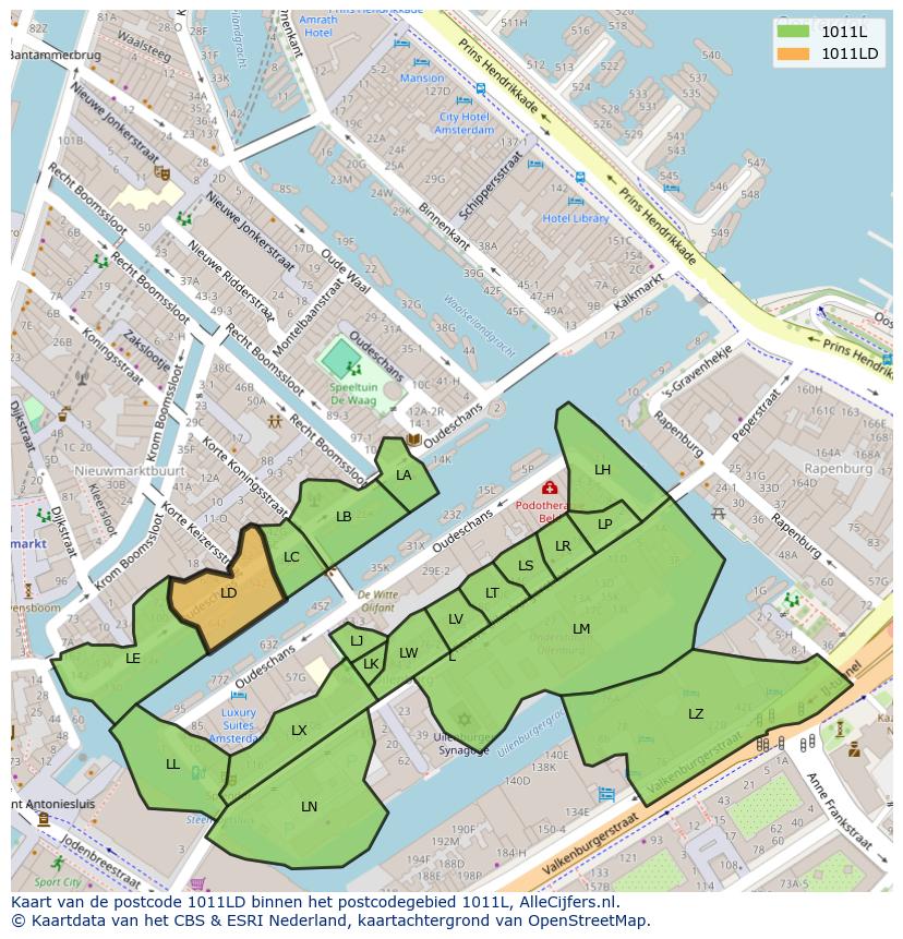 Afbeelding van het postcodegebied 1011 LD op de kaart.