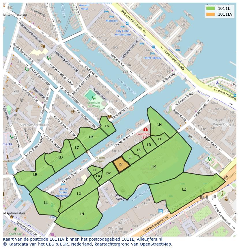 Afbeelding van het postcodegebied 1011 LV op de kaart.