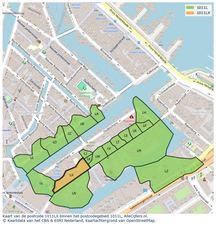 Afbeelding van het postcodegebied 1011 LX op de kaart.
