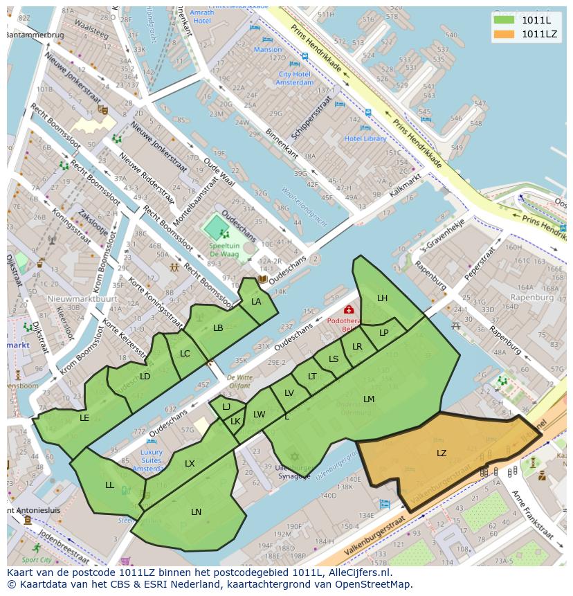 Afbeelding van het postcodegebied 1011 LZ op de kaart.