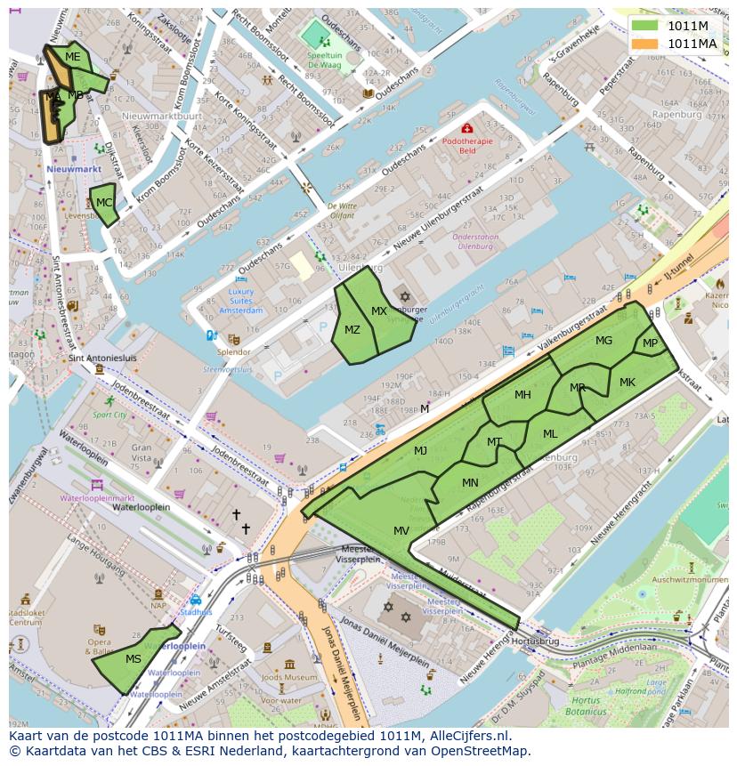 Afbeelding van het postcodegebied 1011 MA op de kaart.