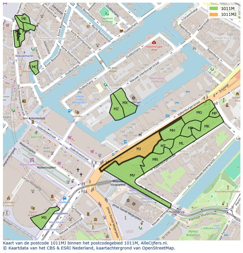 Afbeelding van het postcodegebied 1011 MJ op de kaart.
