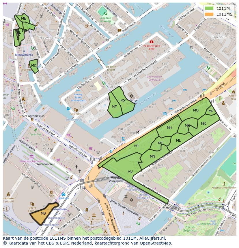 Afbeelding van het postcodegebied 1011 MS op de kaart.