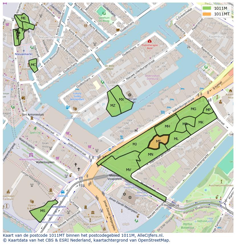 Afbeelding van het postcodegebied 1011 MT op de kaart.