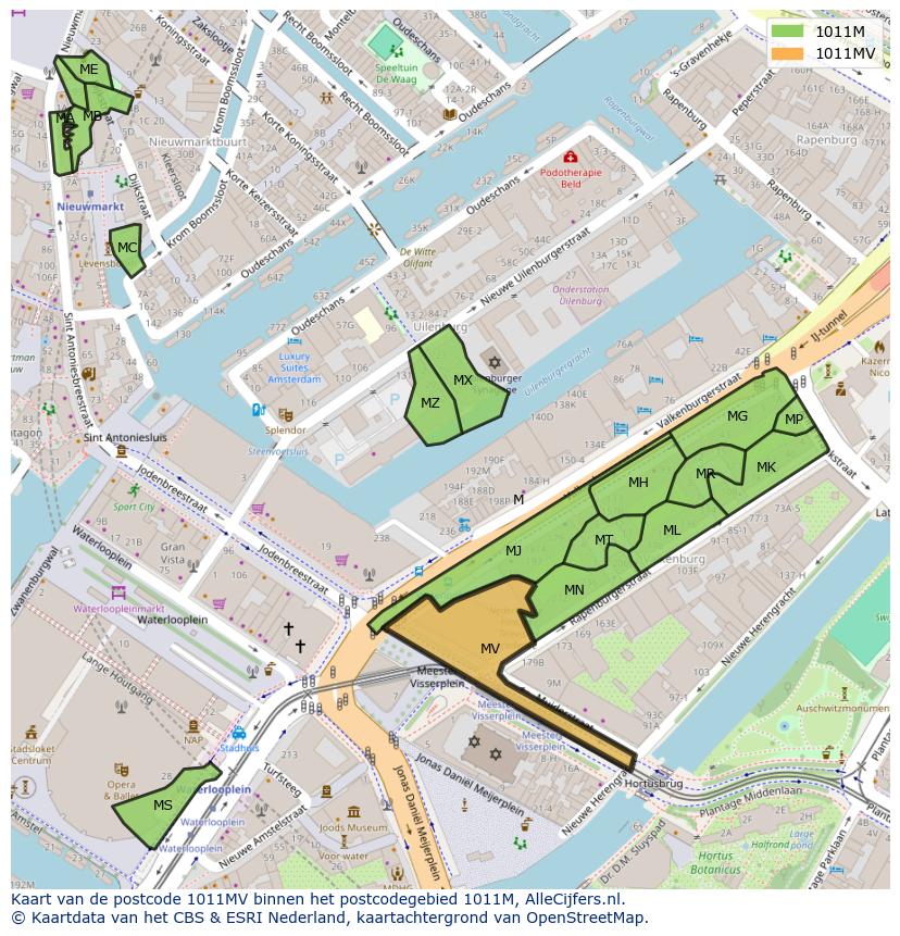 Afbeelding van het postcodegebied 1011 MV op de kaart.