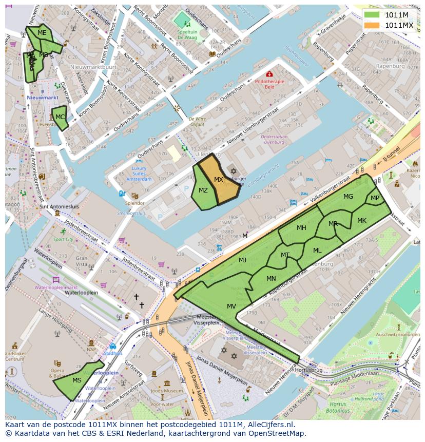 Afbeelding van het postcodegebied 1011 MX op de kaart.