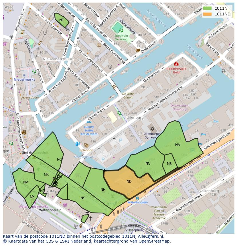 Afbeelding van het postcodegebied 1011 ND op de kaart.