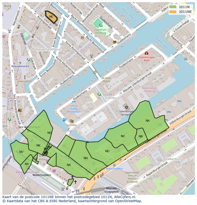 Afbeelding van het postcodegebied 1011 NE op de kaart.