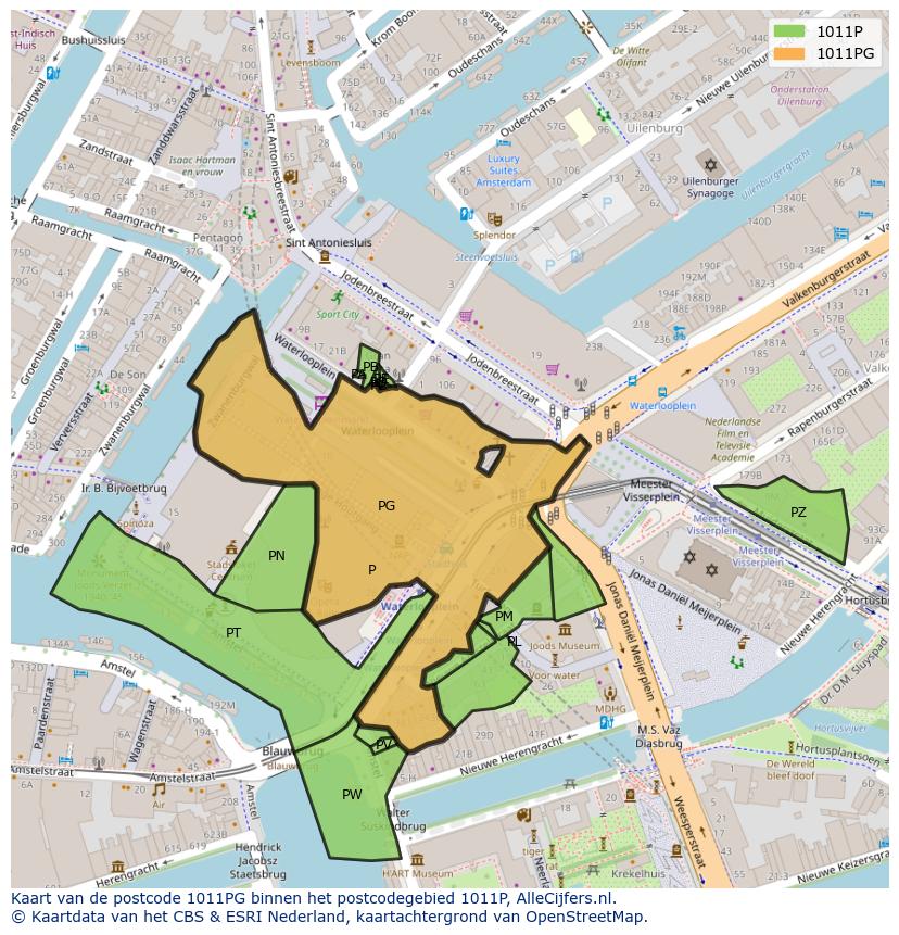 Afbeelding van het postcodegebied 1011 PG op de kaart.