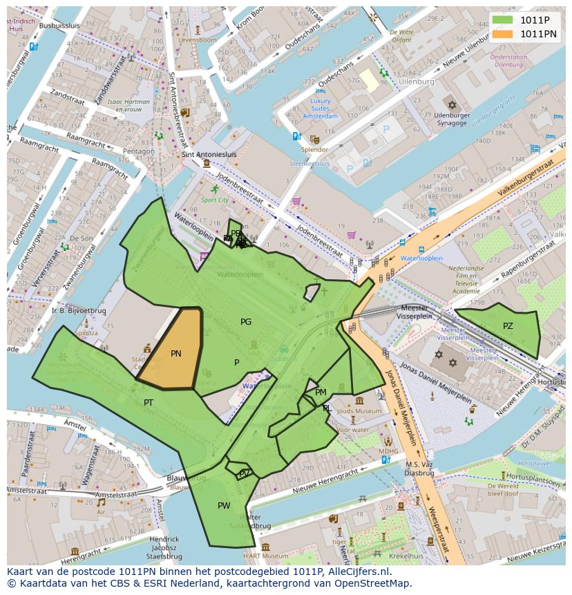 Afbeelding van het postcodegebied 1011 PN op de kaart.