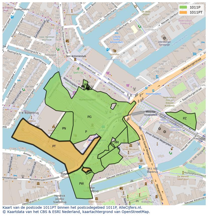 Afbeelding van het postcodegebied 1011 PT op de kaart.