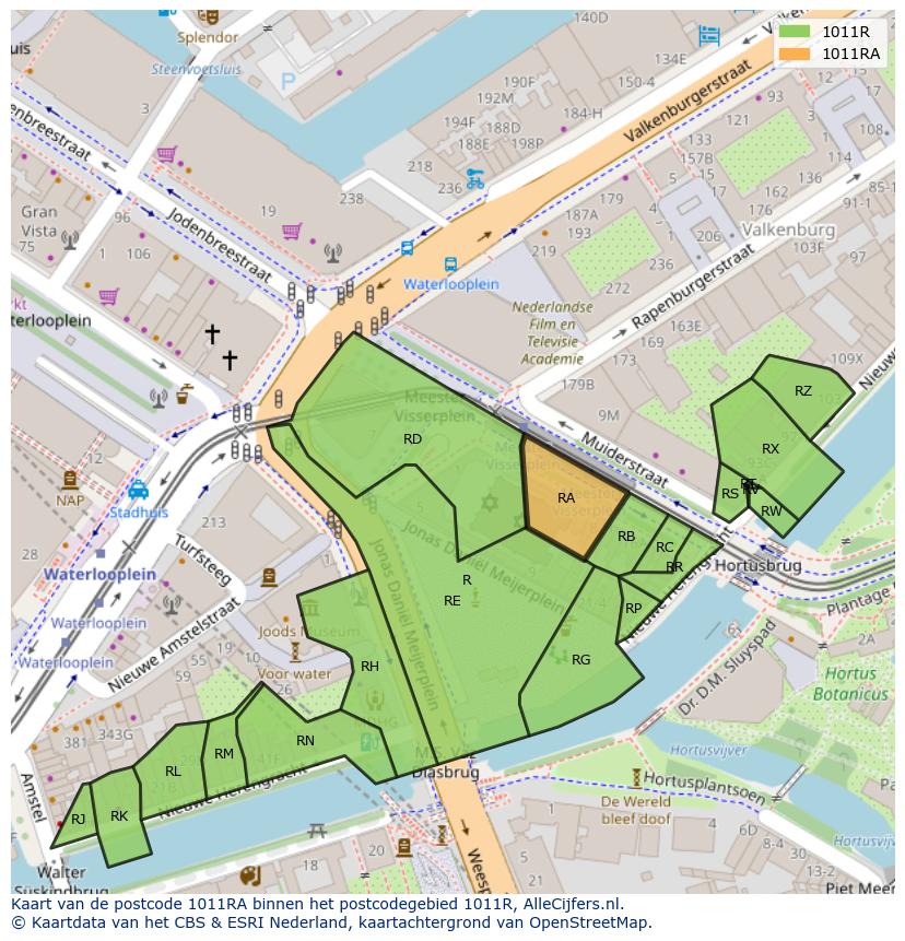 Afbeelding van het postcodegebied 1011 RA op de kaart.