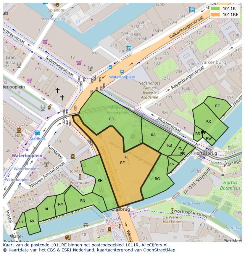 Afbeelding van het postcodegebied 1011 RE op de kaart.