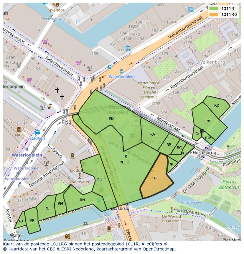 Afbeelding van het postcodegebied 1011 RG op de kaart.