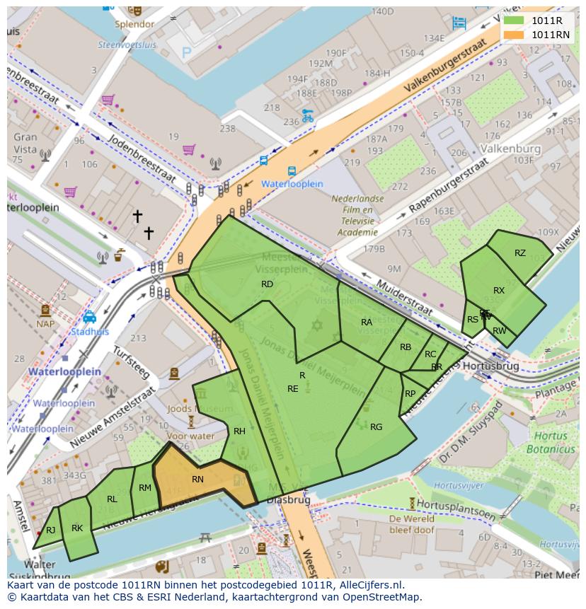 Afbeelding van het postcodegebied 1011 RN op de kaart.