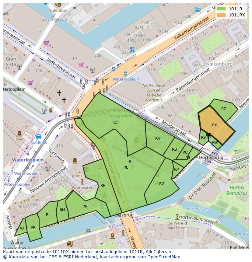 Afbeelding van het postcodegebied 1011 RX op de kaart.