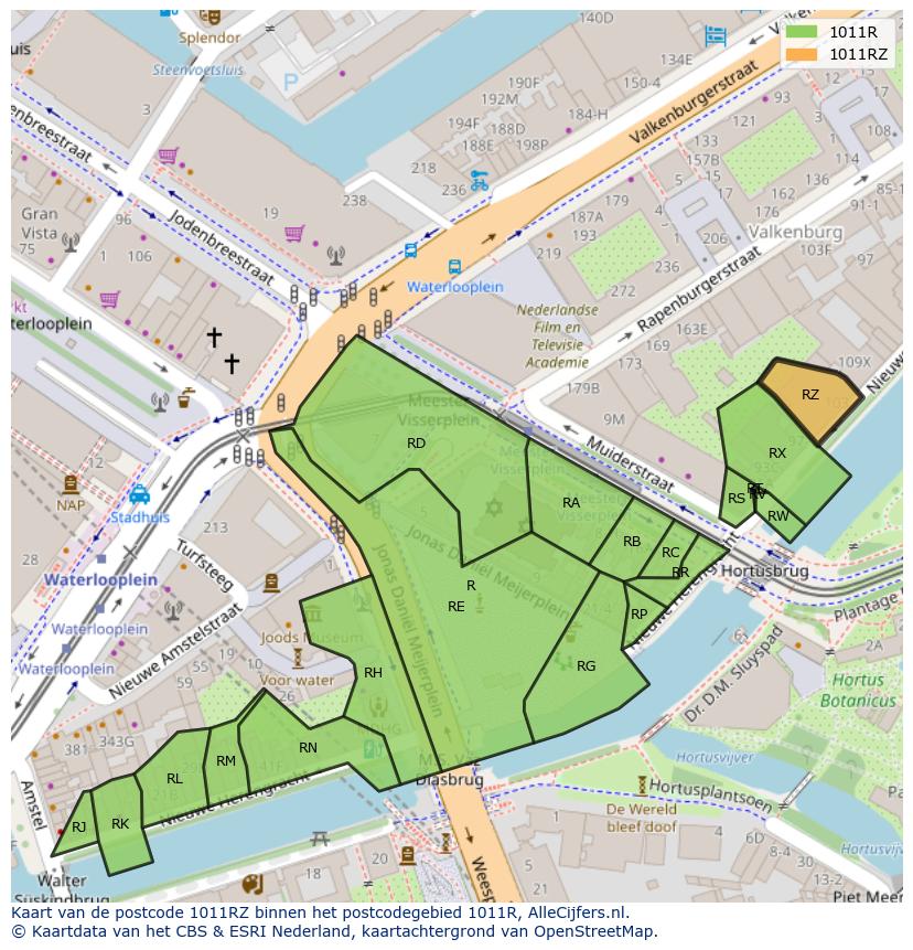 Afbeelding van het postcodegebied 1011 RZ op de kaart.