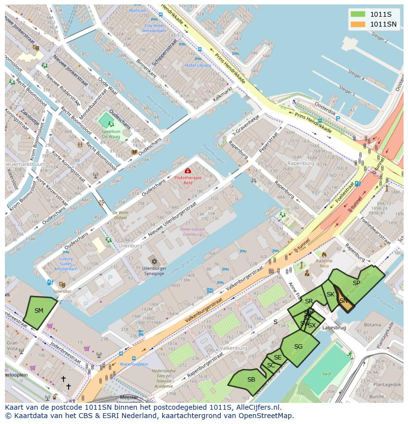 Afbeelding van het postcodegebied 1011 SN op de kaart.