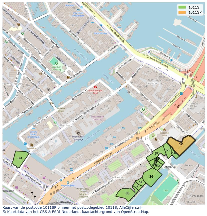 Afbeelding van het postcodegebied 1011 SP op de kaart.