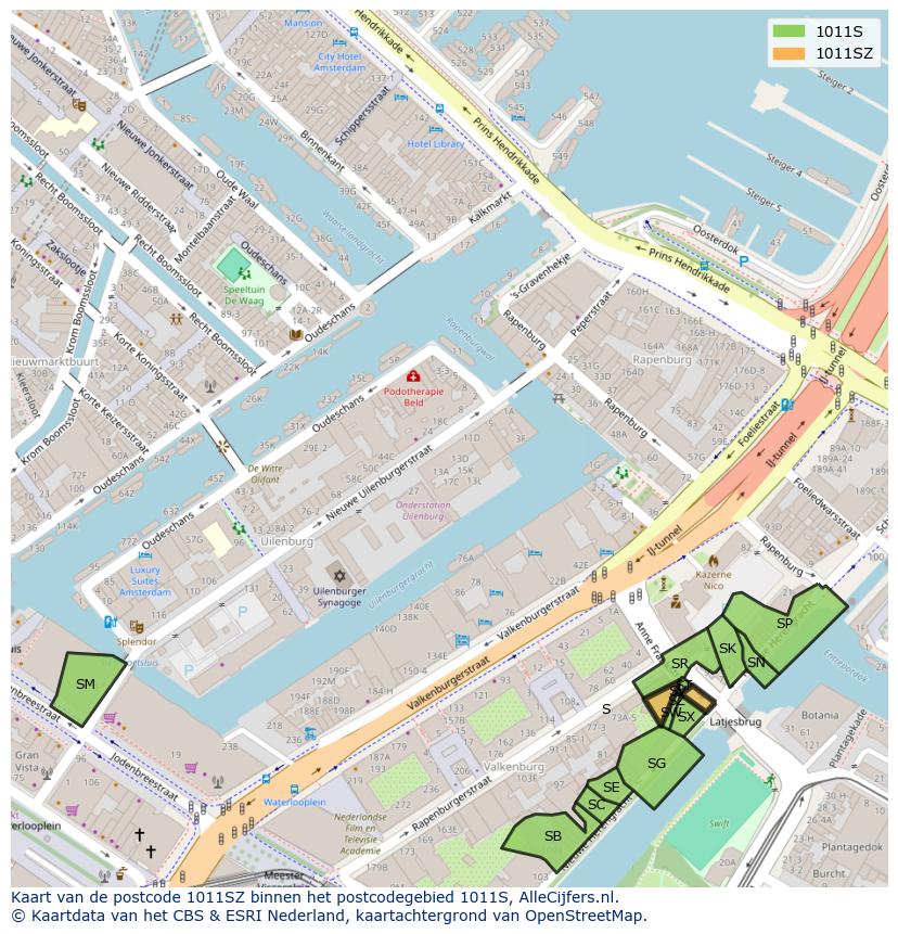 Afbeelding van het postcodegebied 1011 SZ op de kaart.