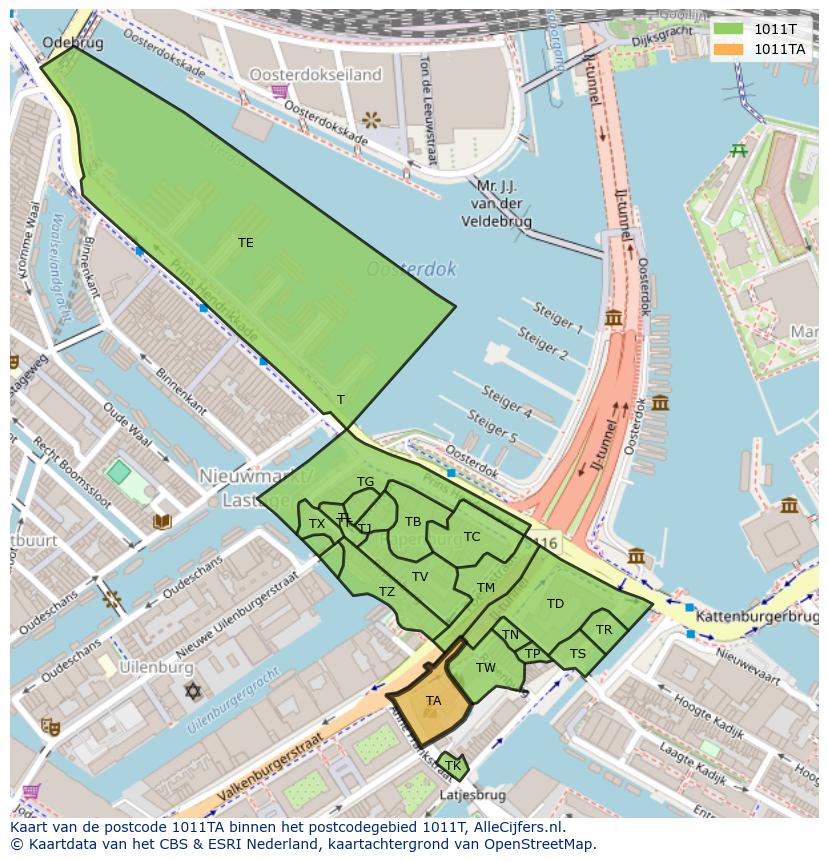Afbeelding van het postcodegebied 1011 TA op de kaart.