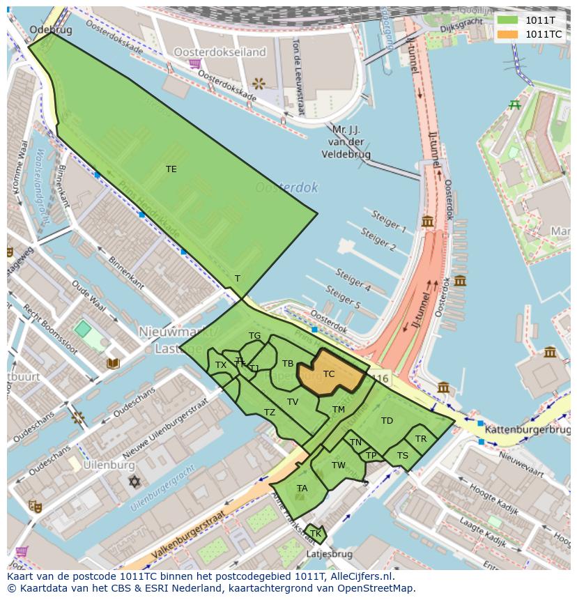 Afbeelding van het postcodegebied 1011 TC op de kaart.