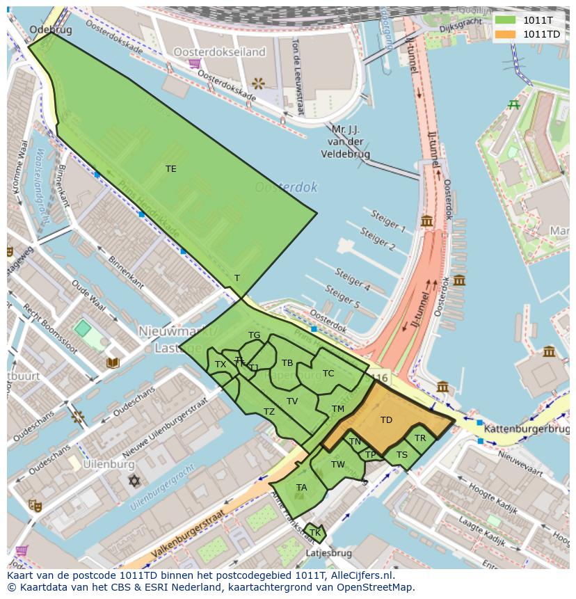 Afbeelding van het postcodegebied 1011 TD op de kaart.