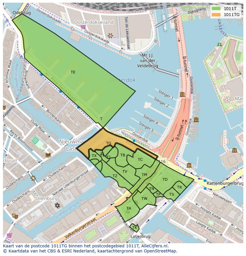 Afbeelding van het postcodegebied 1011 TG op de kaart.